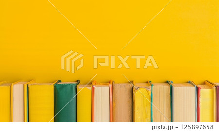 Books stack literature education library flat lay copy space background 125897658