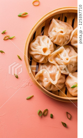 Dim sum traditional oriental food steamed bun with bamboo, story background 125897710