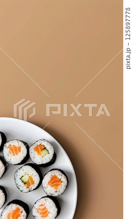Gimbap Korean traditional rice roll with seafood and vegetable on plate 125897778