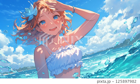 海を背景に日焼けした金髪女性 125897982