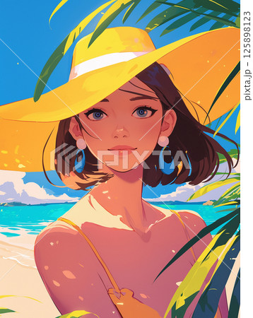 海を背景に日焼けした金髪女性 125898123