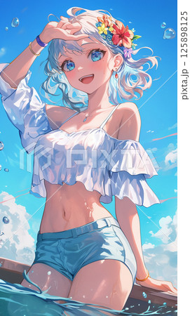 海を背景に日焼けした金髪女性 125898125