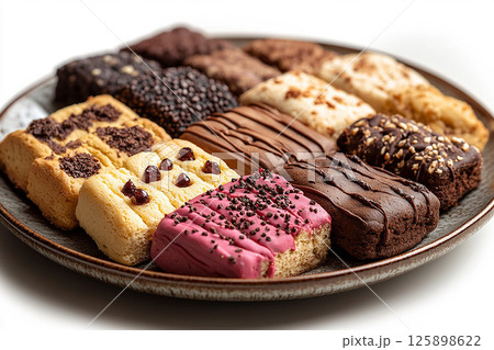 Variety of bakes and cookies in ceramic plate on a white background. 125898622