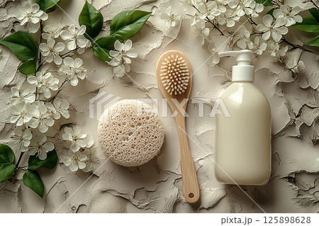 Top view of loofah sponge, natural brush next to a light detergent bottles with empty labeled on a background of ceramic tiles in white colors. 125898628