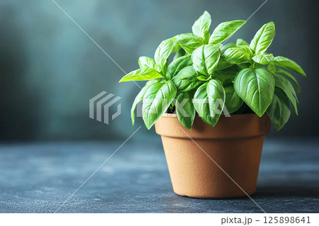Basil plant with lush green leaves on a gray background. Herb in ceramic pot 125898641
