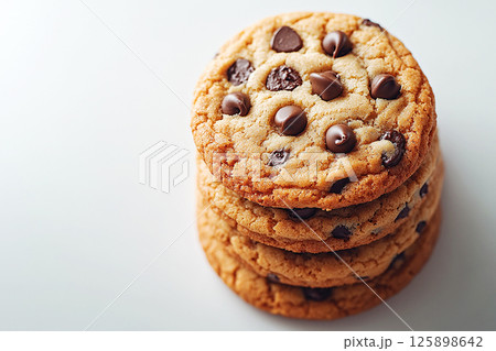 Simple and appetizing shot of stacked chocolate chip cookies, ideal for promoting sweet treats, bakery products, or baking supplies. 125898642