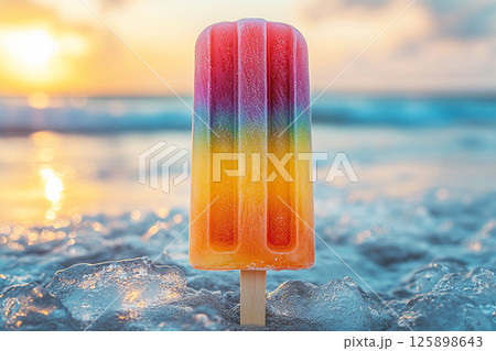 Popsicle with rainbow colors on a long stick on a summer background. Summer fun. Retro style. 125898643
