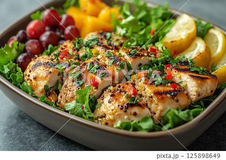 Packed office lunch box with quinoa salad, grilled chicken, mixed greens and fruit. 125898649