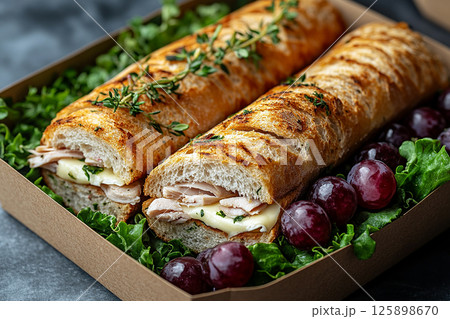 Lunch with a baguette sandwich, brie cheese and grapes. Parisian style lunch box. 125898670