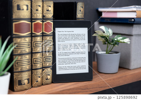 E-book reader device in home library 125898692