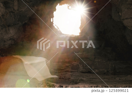 Easter resurrection concept. Jesus Christ resurrection. Empty tomb of Jesus with light. Born to Die, Rise. savior messiah redeemer gospel alive miracle. Christian religion. He is not here he is risen Easter resurrection concept. Jesus Christ resurrection. Empty tomb of Jesus with light. Born to Die, Rise. savior messiah redeemer gospel alive miracle. Christian religion. He is not here he is risen 125899021