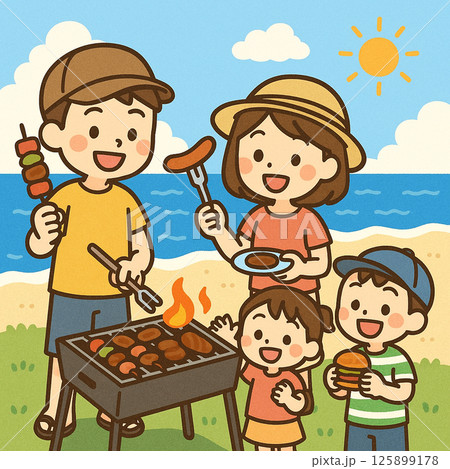 海でバーベキューをする家族 125899178
