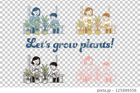 一家人給植物澆水的插圖 125899356