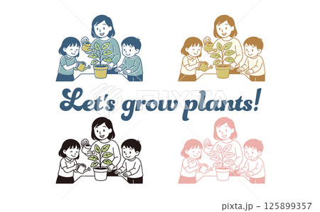 植物に水をあげるファミリーのイラスト 植物に水をあげるファミリーのイラスト 125899357