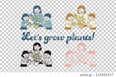 植物に水をあげるファミリーのイラスト 植物に水をあげるファミリーのイラスト 125899357