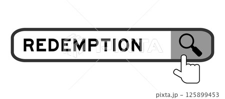 Search banner in word redemption with hand over magnifier icon on white background Search banner in word redemption with hand over magnifier icon on white background 125899453