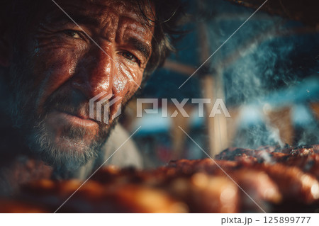 Man grilling sausages with passion amidst smoke on a sunny day Man grilling sausages with passion amidst smoke on a sunny day 125899777
