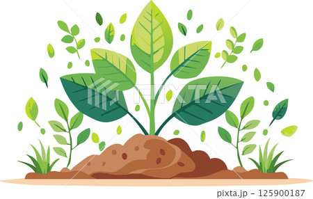 Cute and simple green sprout growing upward, surrounded by soft green bushes and leaves. A cheerful nature-inspired artwork with white background. 125900187