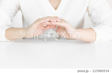 Small Shopping Cart Under Protective Hands Symbolizing E-Commerce Safety Small Shopping Cart Under Protective Hands Symbolizing E-Commerce Safety 125900554
