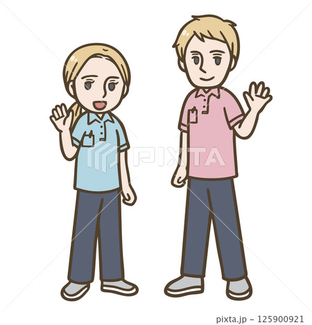 外国人介護職員の男性と女性のイラスト(制服・挨拶・笑顔) 外国人介護職員の男性と女性のイラスト(制服・挨拶・笑顔) 125900921