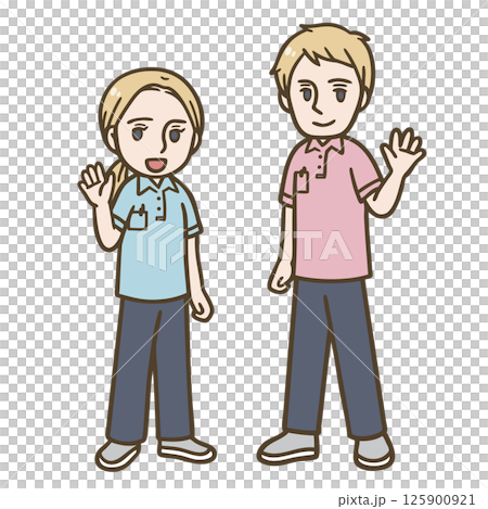 外国人介護職員の男性と女性のイラスト(制服・挨拶・笑顔) 外国人介護職員の男性と女性のイラスト(制服・挨拶・笑顔) 125900921