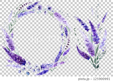Frame and bouquet made of watercolor lavender flowers. Purple wedding isolated illustration 125900991