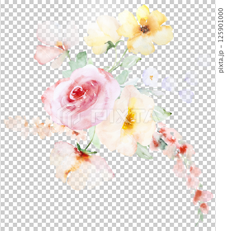 Bouquet with Watercolor pink and yellow flowers and leaves, pastel wedding isolated illustration 125901000