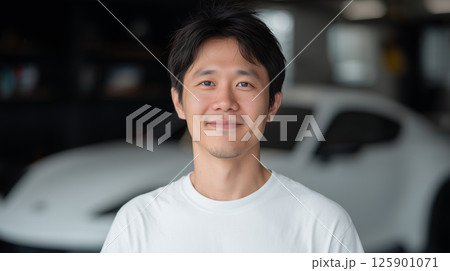 優しい微笑みの若い男性と背景の白い自動車 | 爽やかな印象 優しい微笑みの若い男性と背景の白い自動車 | 爽やかな印象 125901071