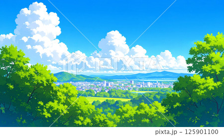 新緑と町並み 125901100