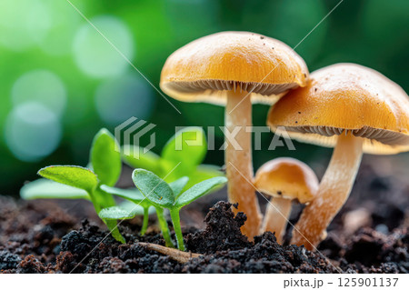 Close-up of wild mushrooms and green plant growing in moist forest soil with blurred natural background. Close-up of wild mushrooms and green plant growing in moist forest soil with blurred natural background. 125901137