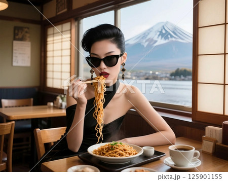 焼きそばを食べるスーパーモデル 125901155