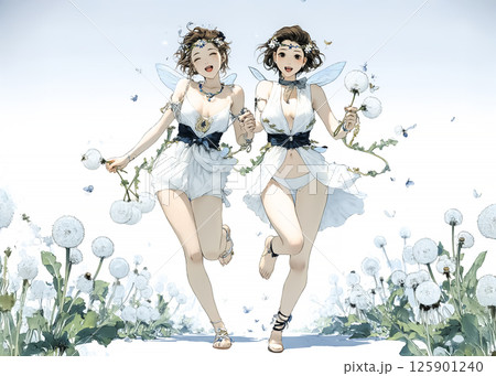 春を喜ぶ笑顔のタンポポの妖精のイラスト素材 125901240