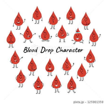 Blood drop character with different facial expression, body posture. Happy, surprised, smiling, pointing, running, or showing other emotions and actions. Cute hand drawn doodle kids friendly character Blood drop character with different facial expression, body posture. Happy, surprised, smiling, pointing, running, or showing other emotions and actions. Cute hand drawn doodle kids friendly character 125901359
