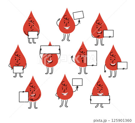 Set of cute hand drawn blood drop character with various expressions and body postures holding blank banners. Cartoon doodle style mascot for donation, healthcare, educational and medical promotions Set of cute hand drawn blood drop character with various expressions and body postures holding blank banners. Cartoon doodle style mascot for donation, healthcare, educational and medical promotions 125901360
