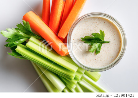 Fresh carrot and celery sticks served with creamy ranch dip on white background, healthy vegetable snack platter. 125901423
