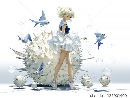 フグの親子の前を歩くフグの妖精のイラスト素材 フグの親子の前を歩くフグの妖精のイラスト素材 125901460