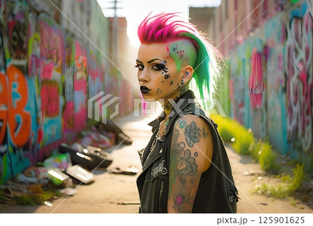 グラフィティだらけの路地に立つパンキッシュな女性 125901625