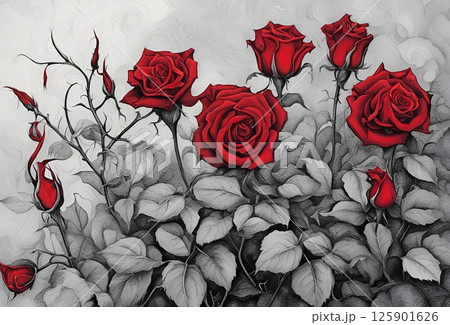 繊細でダークな雰囲気の赤い薔薇のイラスト 125901626