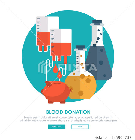 Blood donation concept. Background with piggy bank and blood container. Flat vector illustration Blood donation concept. Background with piggy bank and blood container. Flat vector illustration 125901732
