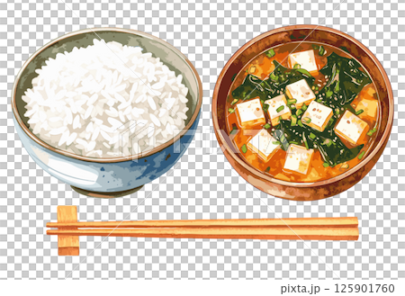 白飯、味噌湯和筷子的水彩插圖集AI生成 125901760