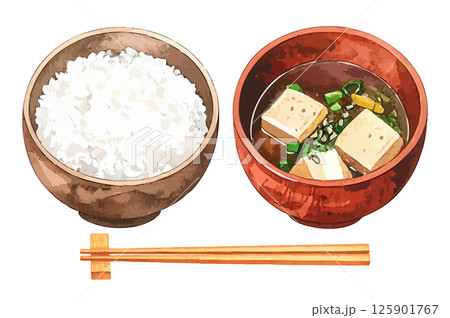 白米とお味噌汁、箸の水彩風イラストセット　生成AI 125901767