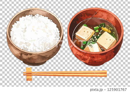白米とお味噌汁、箸の水彩風イラストセット　生成AI 125901767