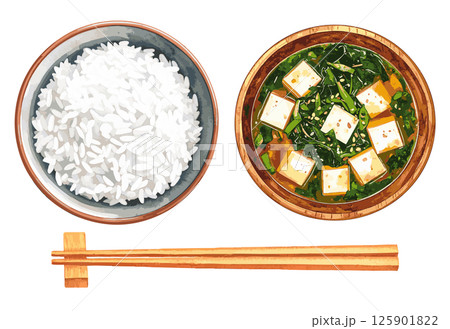 白米ととお味噌汁、箸の水彩風イラストセット 生成AI 白米ととお味噌汁、箸の水彩風イラストセット 生成AI 125901822