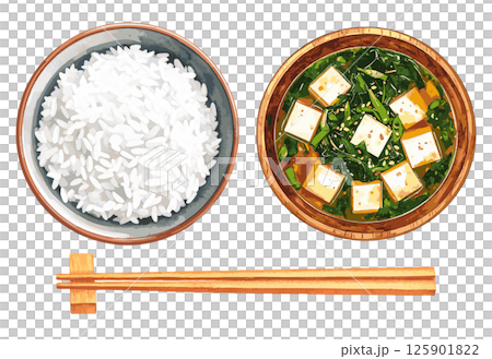 White rice, miso soup, chopsticks watercolor illustration set AI generation 125901822