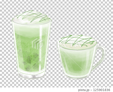 Illustration of iced and hot matcha latte in glasses and glass mugs Illustration of iced and hot matcha latte in glasses and glass mugs 125901836