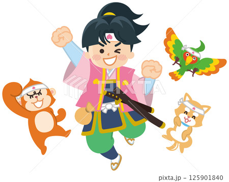 桃太郎と仲間がジャンプしている 125901840