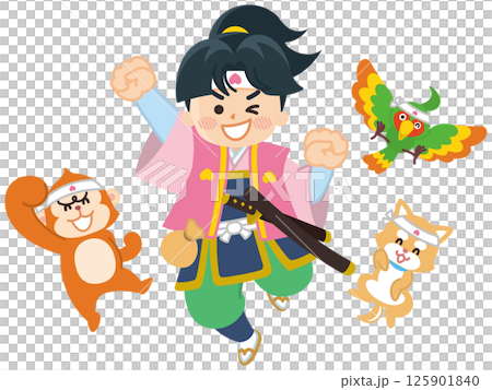 桃太郎と仲間がジャンプしている 125901840