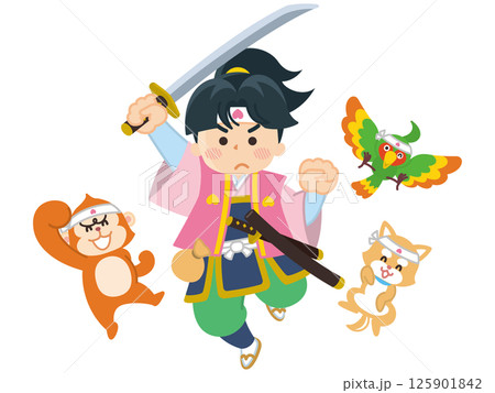 桃太郎と仲間がジャンプしている 125901842
