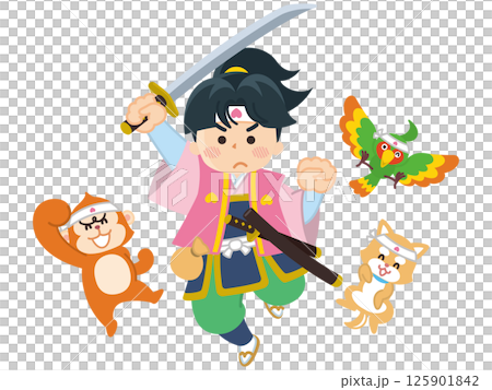 桃太郎と仲間がジャンプしている 125901842
