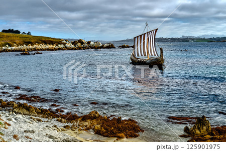 Generative AI illustration Viking ship sails in a bay 125901975